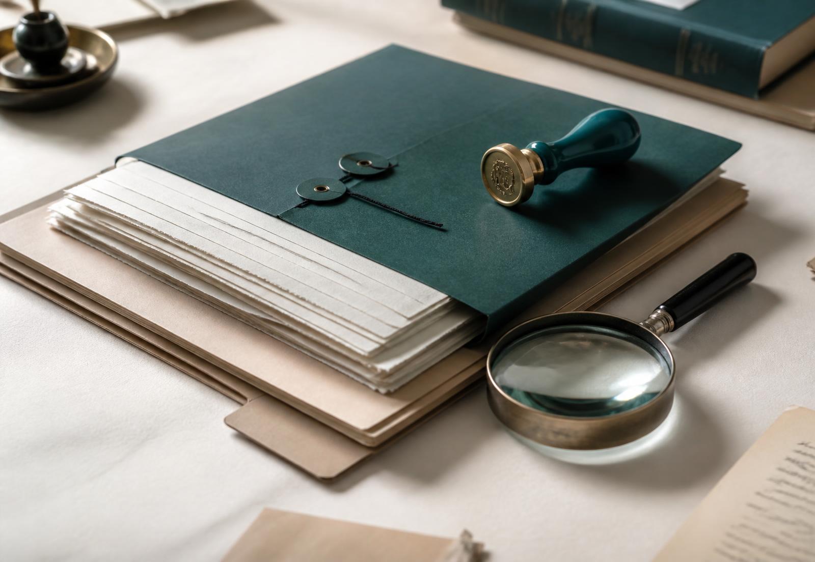 Legal documents in a deep-teal folder with a certification seal stamp and magnifier